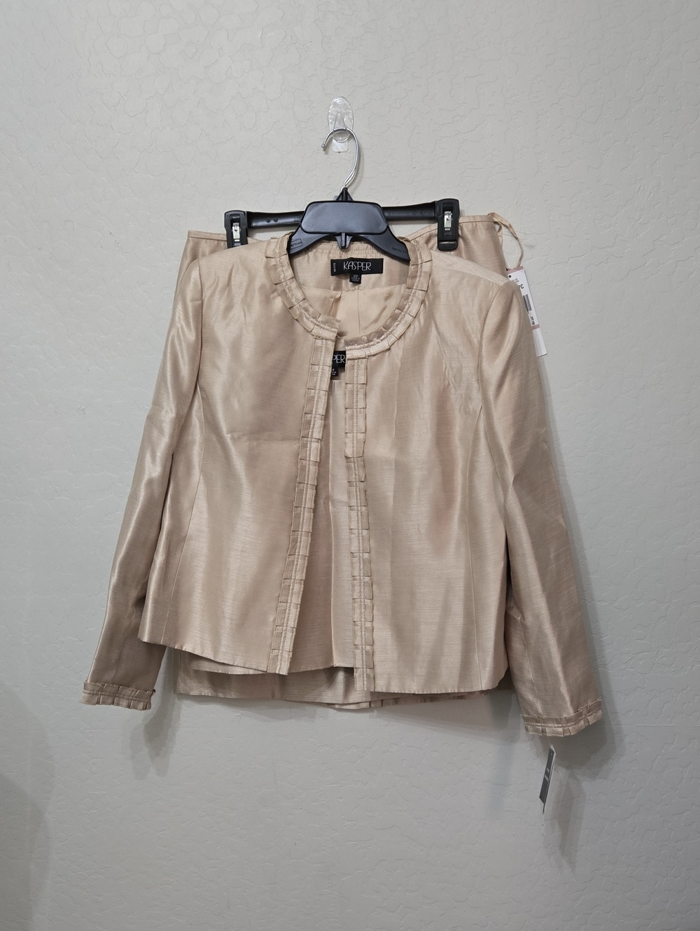 Kasper Three Piece Satin Suit Tank Jacket Pencil Skirt Gold Size 12p